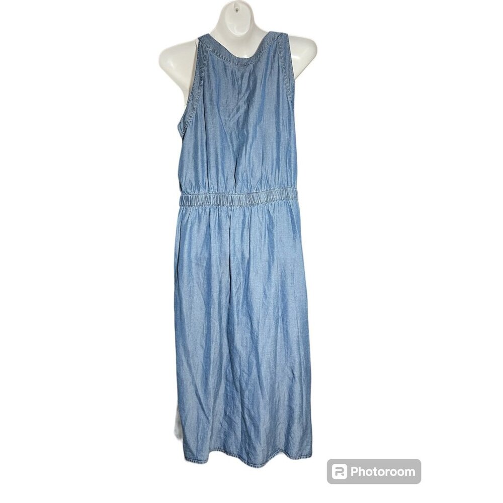 J. Jill Chambray Shirt Dress Women’s Medium Blue Sleeveless Pockets Button Up - Picture 2 of 8